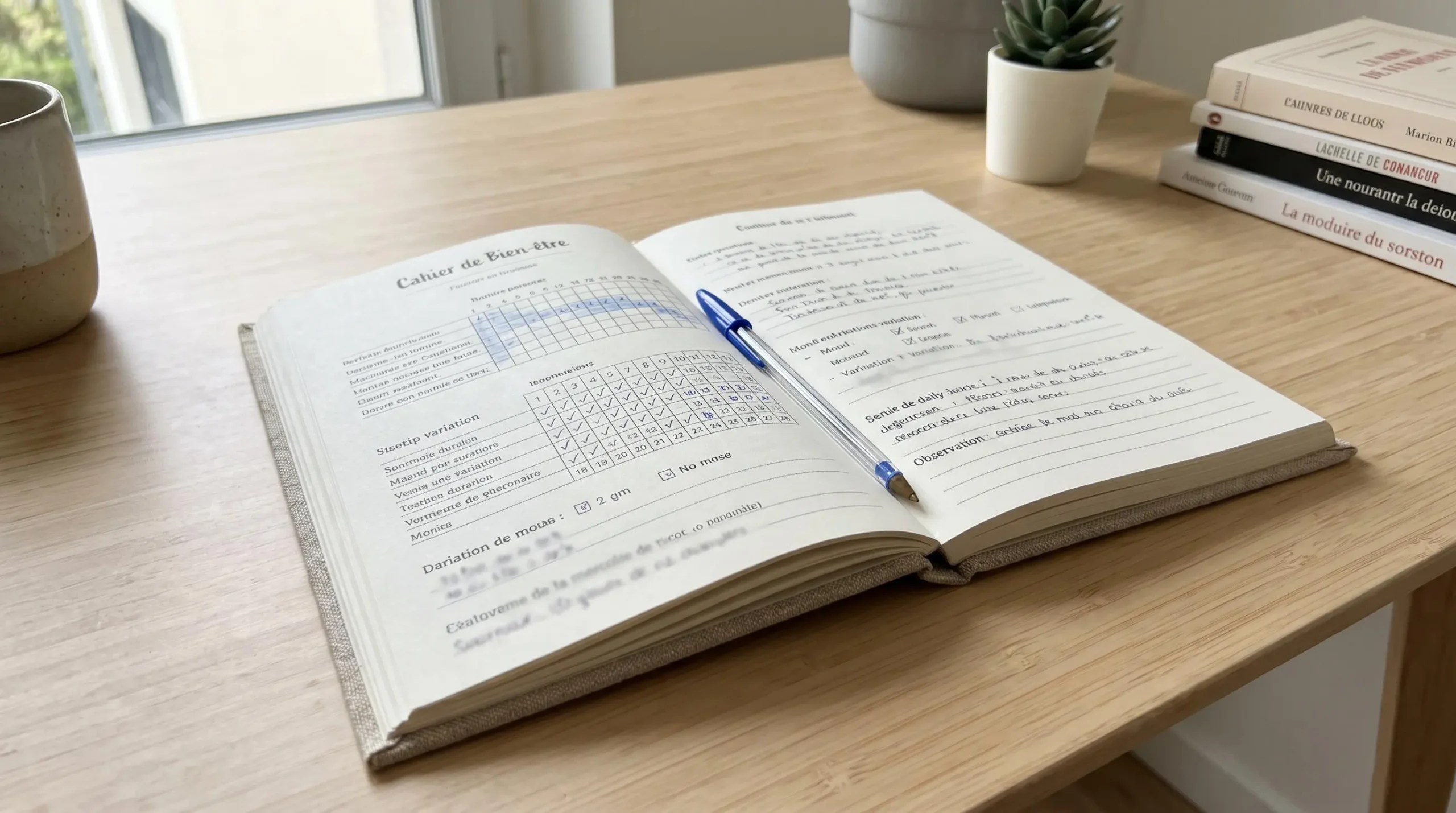 Journal de bien-être ouvert sur un bureau, notes manuscrites suivant les schémas de sommeil et d'humeur visibles mais texte flouté, stylo à bille posé sur la page, éclairage naturel latéral