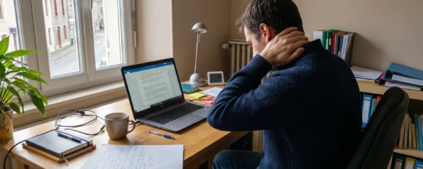 Personne assise à un bureau domestique, vue de dos et de profil, main tenant la nuque dans un geste de fatigue, épaules légèrement affaissées, lumière naturelle d'après-midi