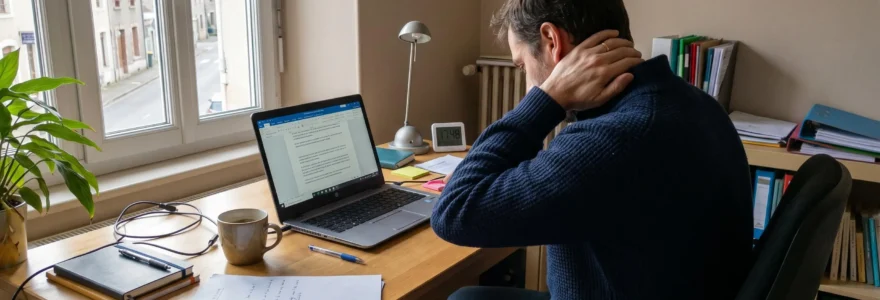 Personne assise à un bureau domestique, vue de dos et de profil, main tenant la nuque dans un geste de fatigue, épaules légèrement affaissées, lumière naturelle d'après-midi