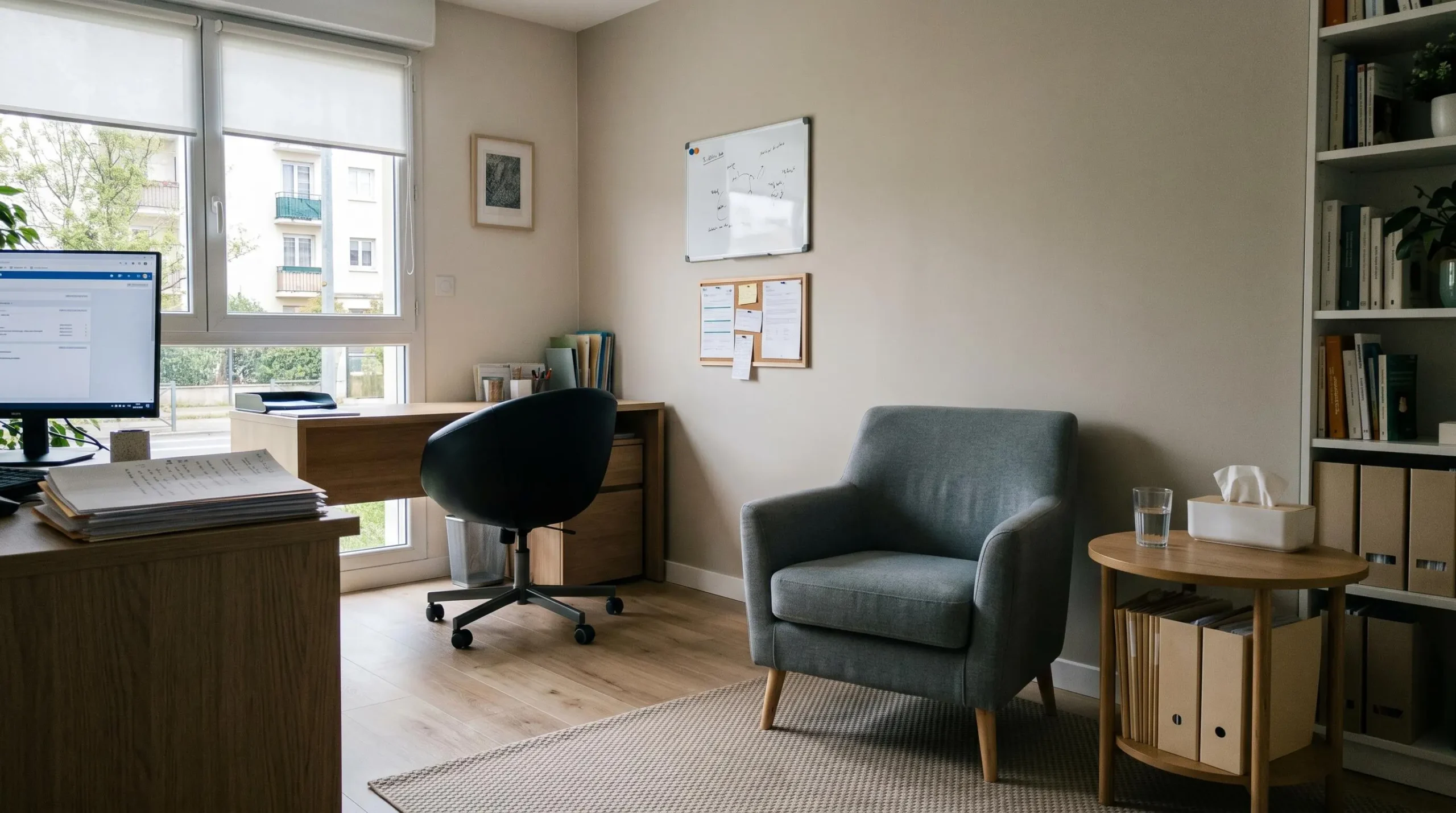 Salle de thérapie contemporaine vide, fauteuil confortable dans une lumière naturelle chaleureuse provenant d'une grande fenêtre, couleurs neutres apaisantes, petite table d'appoint avec boîte de mouchoirs